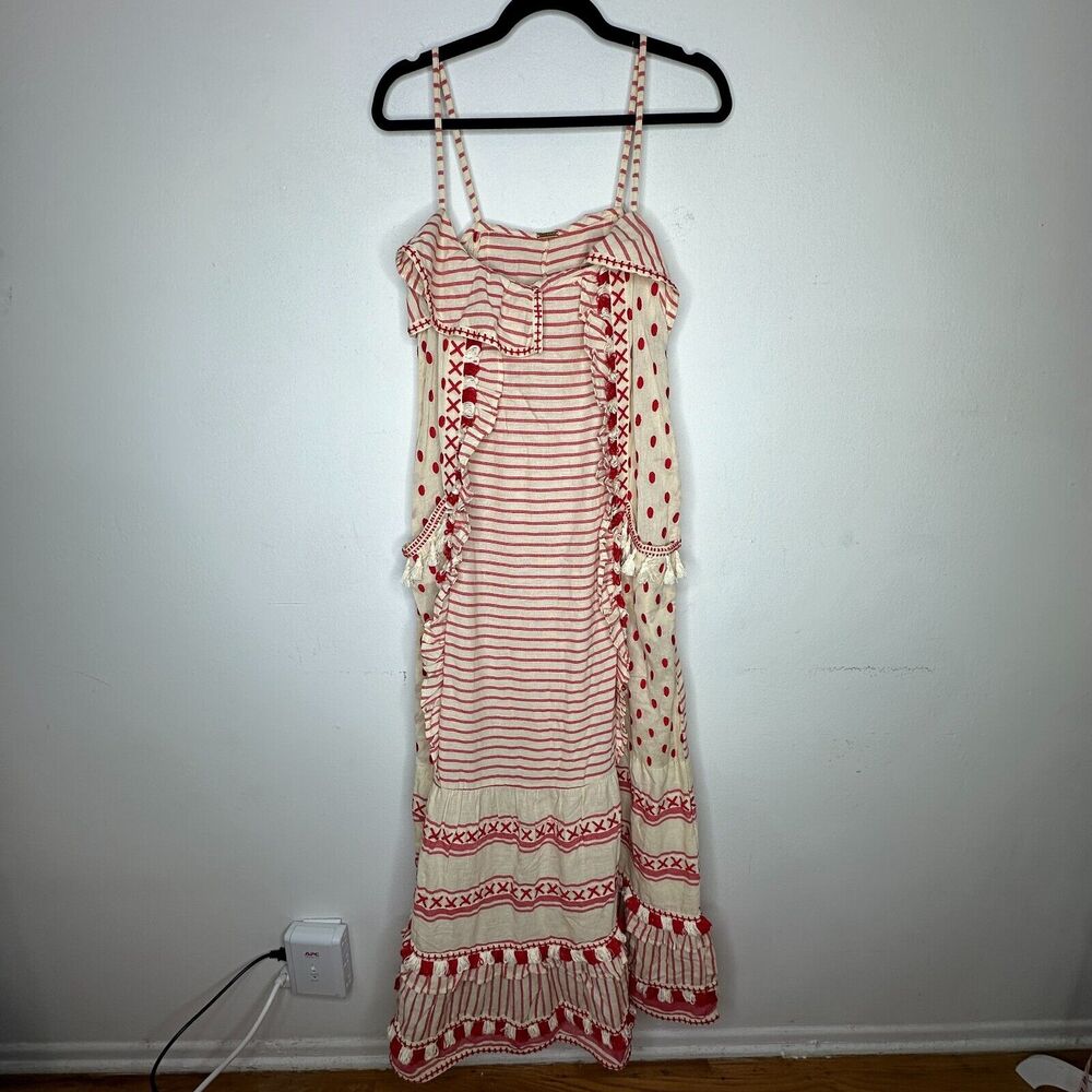 DODO BAR Tan & Red Stripe Polka Dot Ruffle Fringe Maxi Boho Resort Dress S - Picture 2 of 14